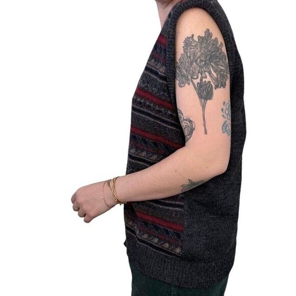 Vintage 1990s Wool Geometric V Neck Dark Academia Sweater Vest Preppy XL - Picture 5 of 6